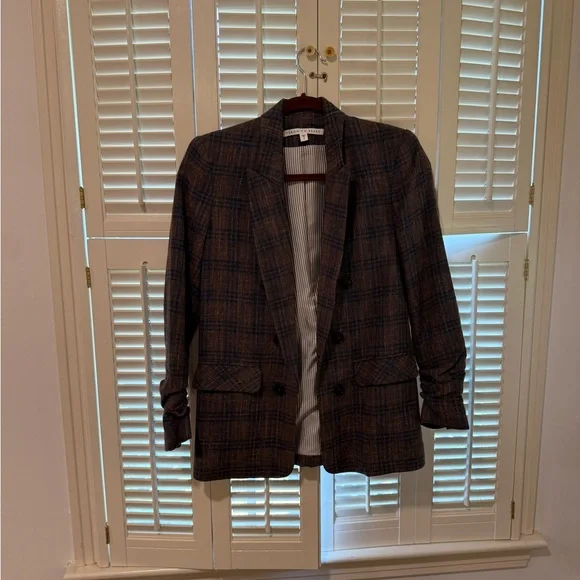 Veronica Beard Beacon Check Double Breasted Wool Cotton Blazer Size 0